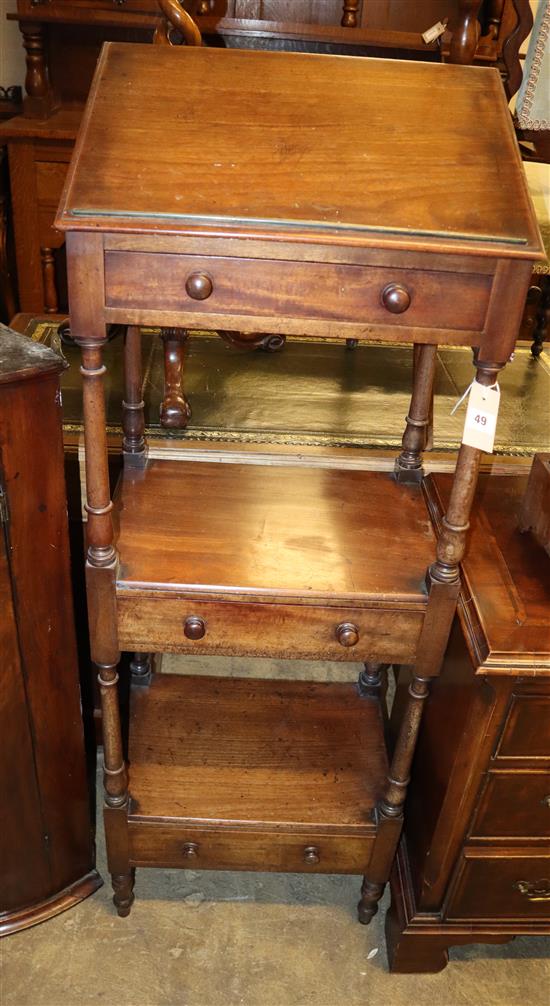 A Georgian mahogany three-tier whatnot, with lectern top and two drawers, Width 48cm